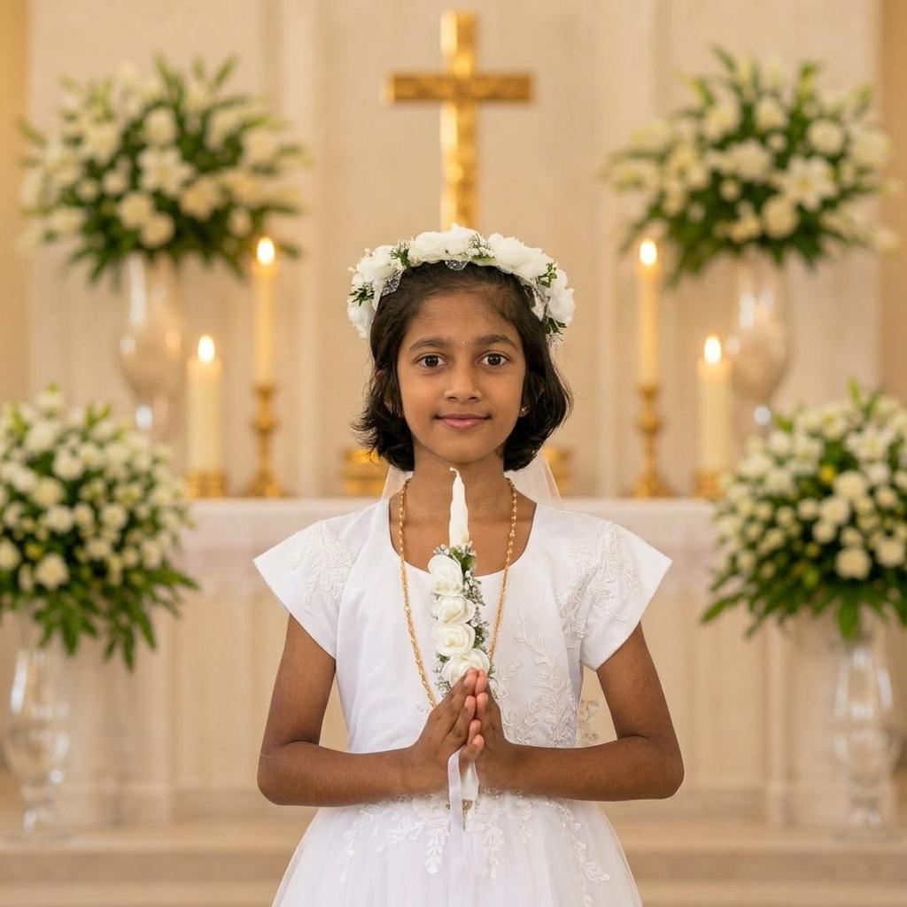 Saira Mary Mathew in Solemn Holy Communion dress